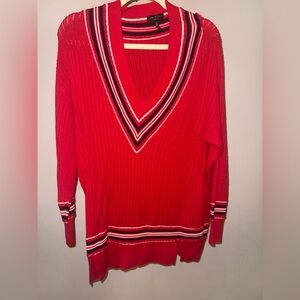 Rag & Bone Red long V-Neck Sweater with Striped Details